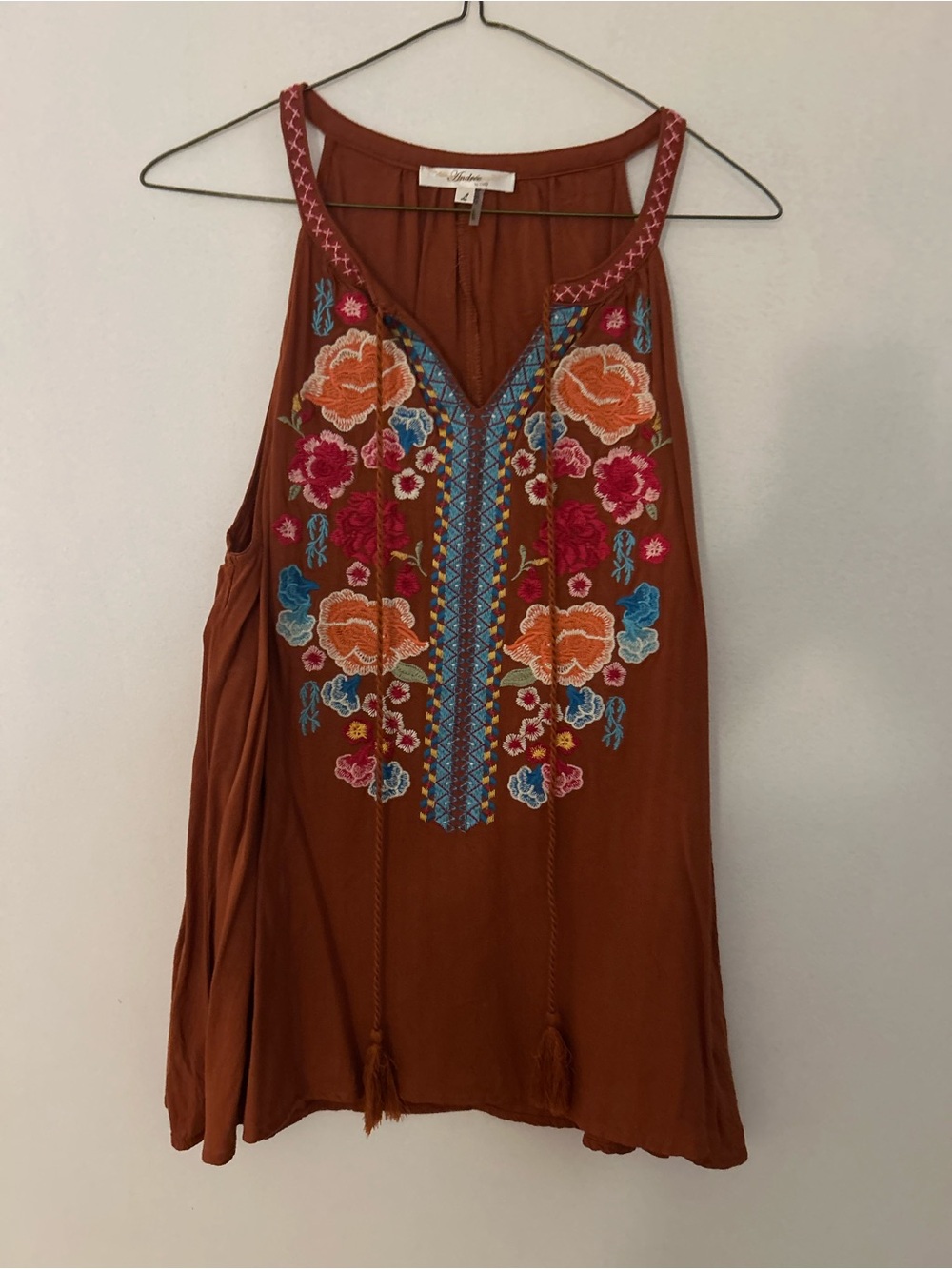 Andree Rust Embroidered Boho Tank Top with Multicolor Floral Detailing